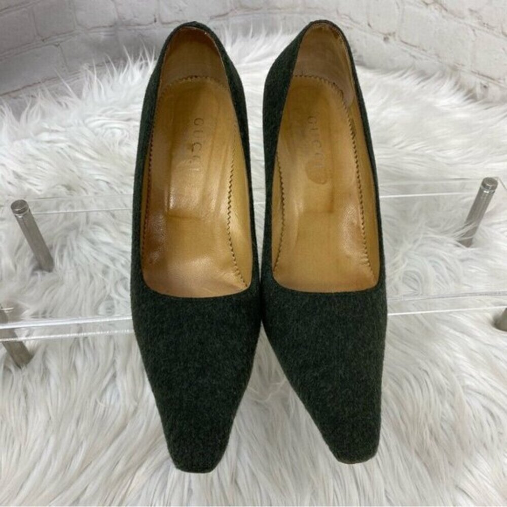 Gucci Green Wool Semi-Pointed Pumps Wood Heel EU 37 US 7 Made in Italy Authentic